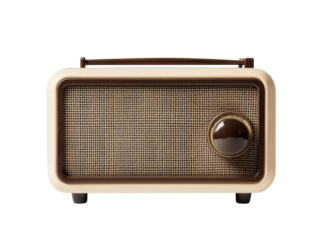 Vintage retro radio with knob and mesh grill on white background