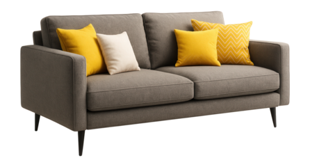 Gray fabric sofas with yellow and white pillows, showcasing various perspectives.