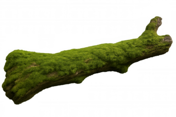 Moss-covered fallen tree branch, verdant green texture highlighting natural woodland decay against transparent backdrop