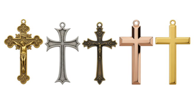A variety of five crosses in different styles and materials, from religious to decorative, on a transparent background