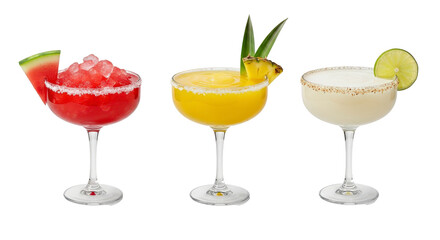 Three vibrant classic margaritas with different flavors and garnishes, including watermelon, pineapple, and lime