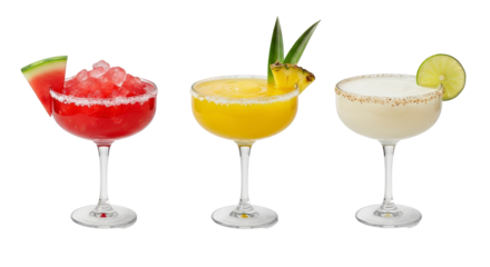 Three vibrant classic margaritas with different flavors and garnishes, including watermelon, pineapple, and lime