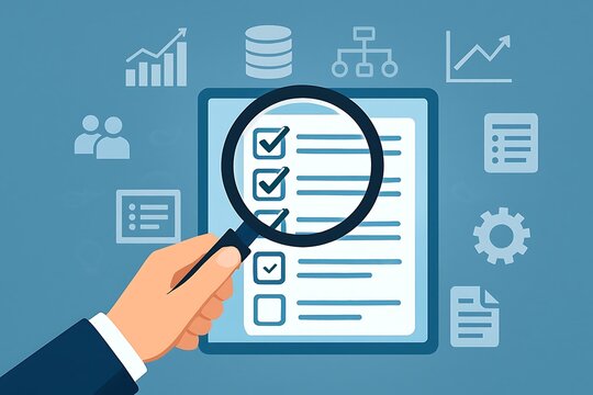 Business audit and analysis with a magnifying glass on a checklist document