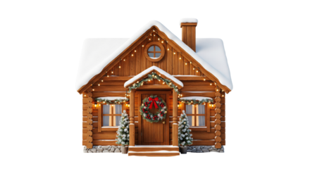 Charming Log Cabin Decorated for Winter Holidays with Snow and Festive Lights png cutout transparent background