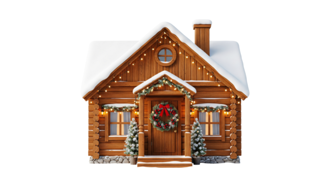Charming Log Cabin Decorated for Winter Holidays with Snow and Festive Lights png cutout transparent background
