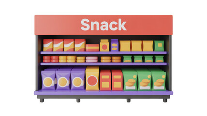 Snack display shelf with various products isolated on transparent background