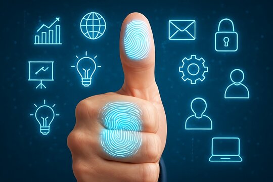 Hand with fingerprint and icons for security authentication and technology concepts