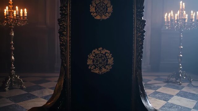Ornate throne chair in a dimly lit room, adorned with candles and intricate details