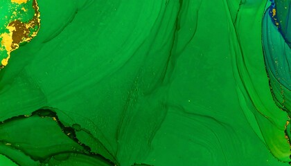 Vibrant green abstract artwork with flowing lines and gold accents. Intricate patterns created by fluid acrylic painting techniques.