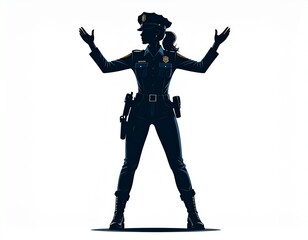 A strong, female officer stands alert, arms outstretched in a confident pose.