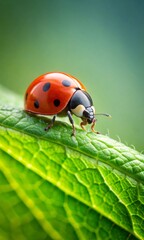 Fototapeta premium A Vivid CloseUp Portrait of a Vibrant Red Ladybug with Black Spots Perched Gracefully on a Lush Green Leaf in the Morning Sunlight
