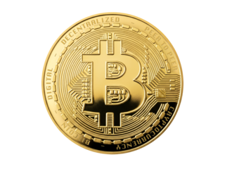 Golden bitcoin coin isolated on white background, symbolizing digital currency, blockchain technology, modern finance, decentralized money, cryptocurrency, innovation, futuristic wealth