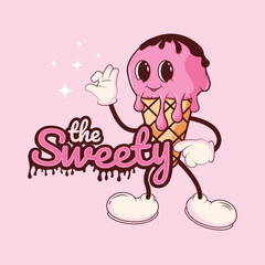 Funny cartoon ice cream illustration with pink waffle cone character &ndash; perfect for kids branding, sweets packaging, logos, stickers, and t-shirt design.