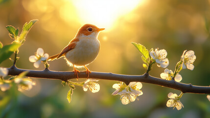 Obraz premium A small bird with brown and white feathers perches gently on a blooming tree branch in golden sunlight.
