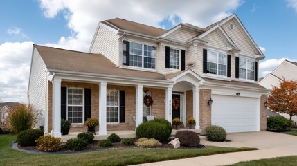 Fototapeta premium This inviting house features classic architecture with a charming front porch and colorful foliage, creating a warm atmosphere