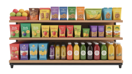 Supermarket aisle with a variety of food and drink products isolated on transparent background