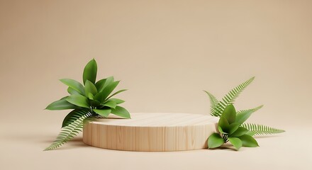 Minimalist wooden podium with green leaves for natural product display.