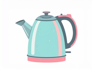 Obraz premium A light teal colored electric kettle with accents of soft pink is displayed against a plain white background.