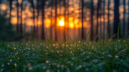 Fresh green grass covered in sparkling dew drops at sunrise in a serene forest, with golden light shining through trees.