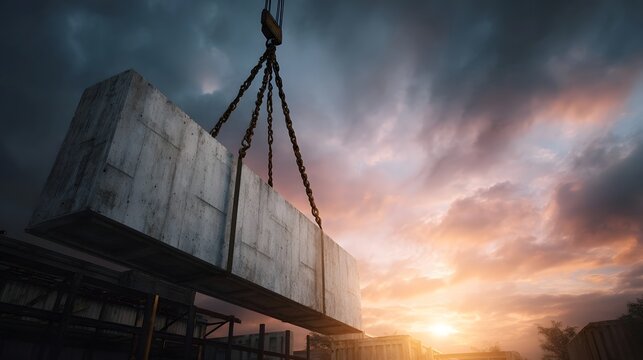 Crane lifting prefabricated panels at sunset in an urban setting