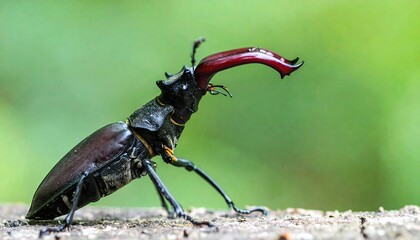 Close-up of a stag beetle, showcasing its striking reddish-brown mandibles and intricate body details against a blurred natural backdrop.