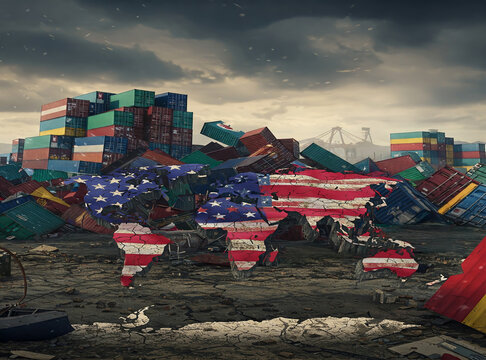 Economic Collapse and Global Trade Crisis Depicted Through a Broken American-Flag World Map Amidst Shipping Container Ruins and Industrial Decay