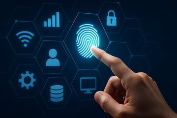 Hand interacting with digital fingerprint and security icons on a dark background with hexagons