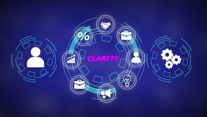 Digital infographic with business icons and the word clarity on a blue background technology