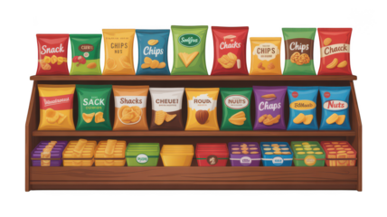 Shelves stocked with various snacks and chips isolated on transparent background