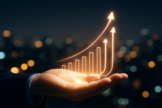 A hand holding a glowing bar chart with an upward trend arrow - Powered by Adobe