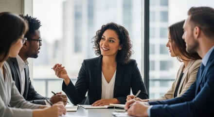 A confident business leader engaging in effective communication with a diverse team in a modern office setting demonstrating active listening and clear guidance. Cinematic shallow
