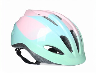 Fototapeta premium A vibrant, pastel-colored bicycle helmet, featuring a gradient design of light pink and mint green, sits angled against a plain white background.