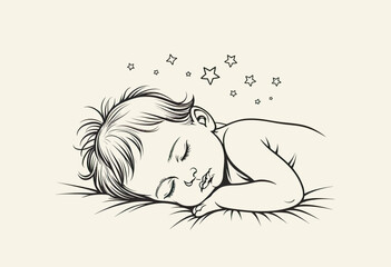 A tender hand-drawn sketch of a newborn baby sleeping peacefully under sweet dream stars, a heartwarming illustration symbolizing innocence and tranquil slumber.