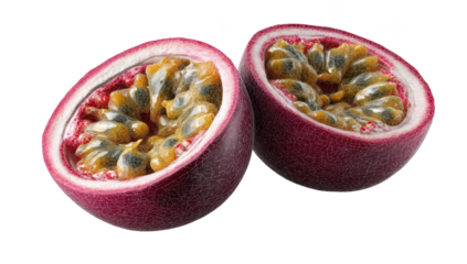Vivid image of passionfruit halves.  Shows seeds and vibrant pulp