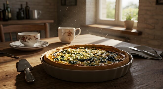 Warm quiche with spinach and cheese served with tea on a rustic wooden table, inviting comfort.