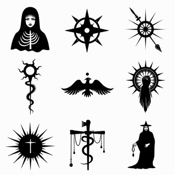 A collection of dark fantasy and mythological silhouette icons, featuring grim characters, creatures, and symbols for RPG game assets or gothic-themed branding.
