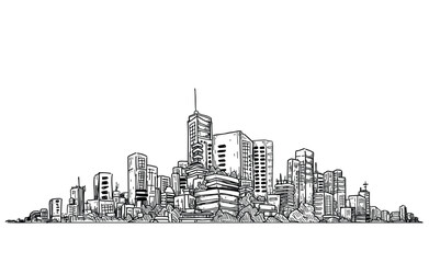 Hand-drawn vector illustration of a cityscape, sharp black lines on a clean white background. Simple yet modern composition of urban buildings in a straight-on view