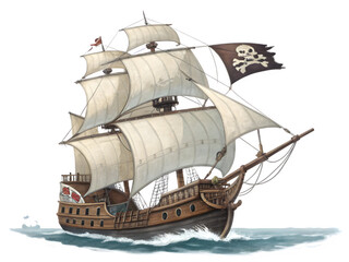Majestic pirate ship with jolly roger flag sailing on the ocean