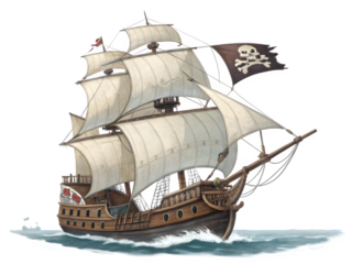 Majestic pirate ship with jolly roger flag sailing on the ocean
