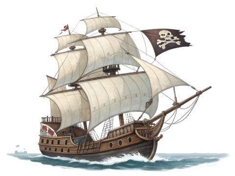 Majestic pirate ship with jolly roger flag sailing on the ocean - Powered by Adobe