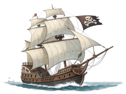 Majestic pirate ship with jolly roger flag sailing on the ocean