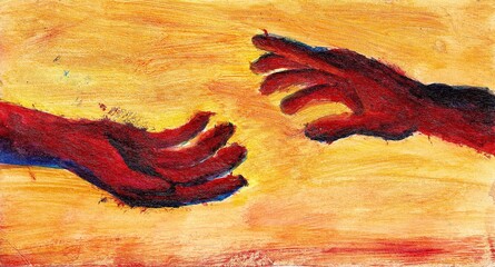 two hands reaching for each other in an abstract style painting with acrylic paint