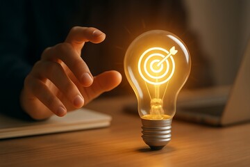 Hand reaching for glowing light bulb with target inside on wooden desk