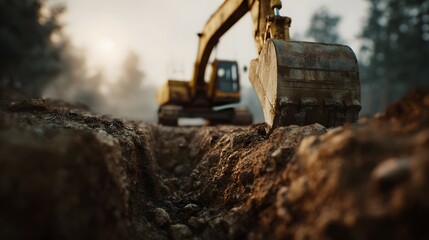 Excavator digging foundation hole during early construction stage