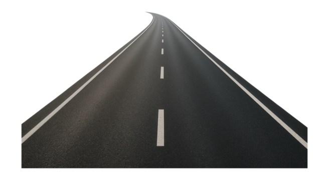 Long straight asphalt road with white lines stretching into the distance.