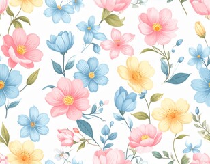 Obraz premium A delicate floral pattern featuring pastel-colored blossoms in shades of pink, blue, and yellow on a white background.