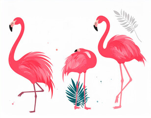 Obraz premium Three vibrant pink flamingos, set against a white background, display elegant postures, accented by tropical foliage.