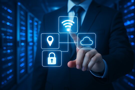 Businessman interacting with virtual network security and cloud technology interface in server room