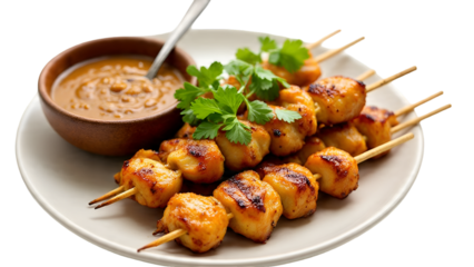 Chicken Satay Skewers with Peanut Sauce Isolated on White Background