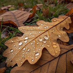 Close-up of a dry oak leaf with water droplets lying on grass and other leaves